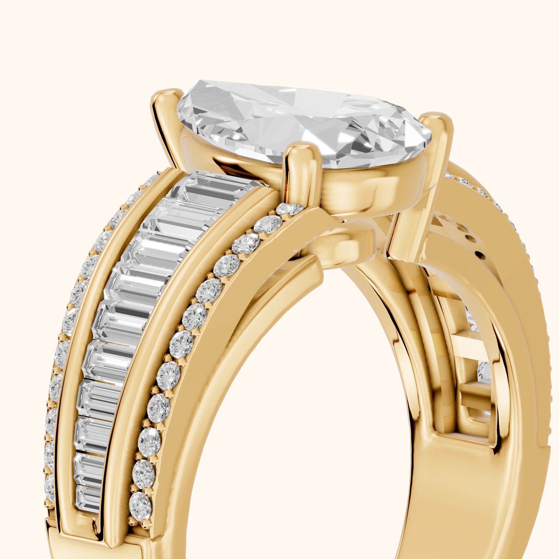 Halle Channel Set Baguette Accent Pear Diamond Engagement Ring in Yellow Gold - slant-view.webp