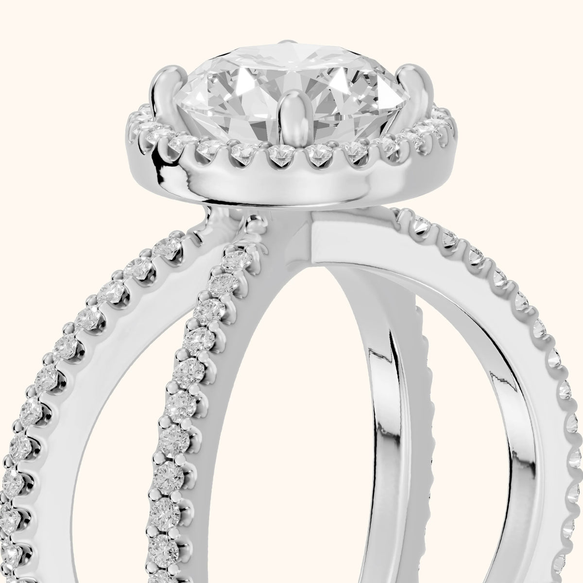 Sparks Crossover Halo Round Diamond Engagement Ring in White Gold - slant-view.webp