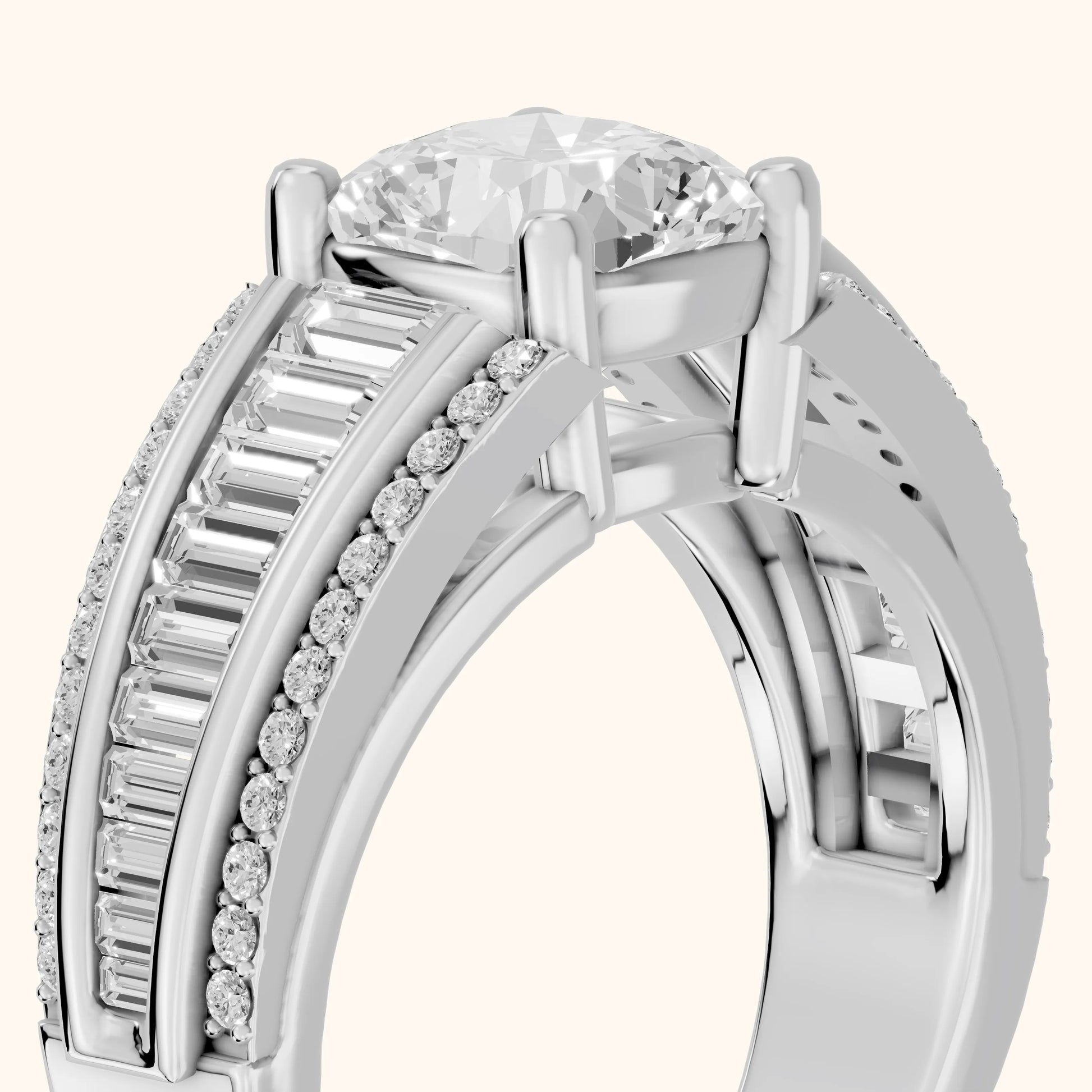 Halle Channel Set Baguette Accent Cushion Diamond Engagement Ring in White Gold - slant-view.webp