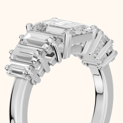 Mara Sidestone Baguette Accent Emerald Diamond Engagement Ring in White Gold - slant-view.webp