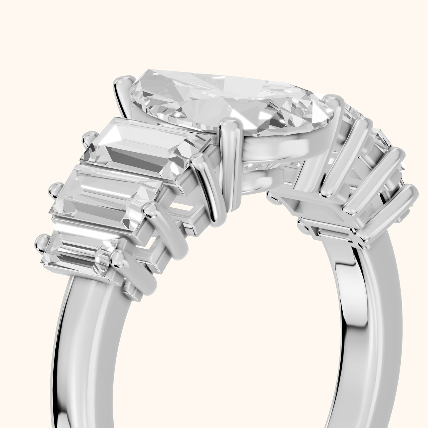 Mara Sidestone Baguette Accent Pear Diamond Engagement Ring in Platinum - slant-view.webp