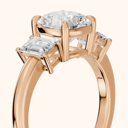 Zoe Three-Stone Cushion Diamond Ring in Rose Gold - slant-view.webp