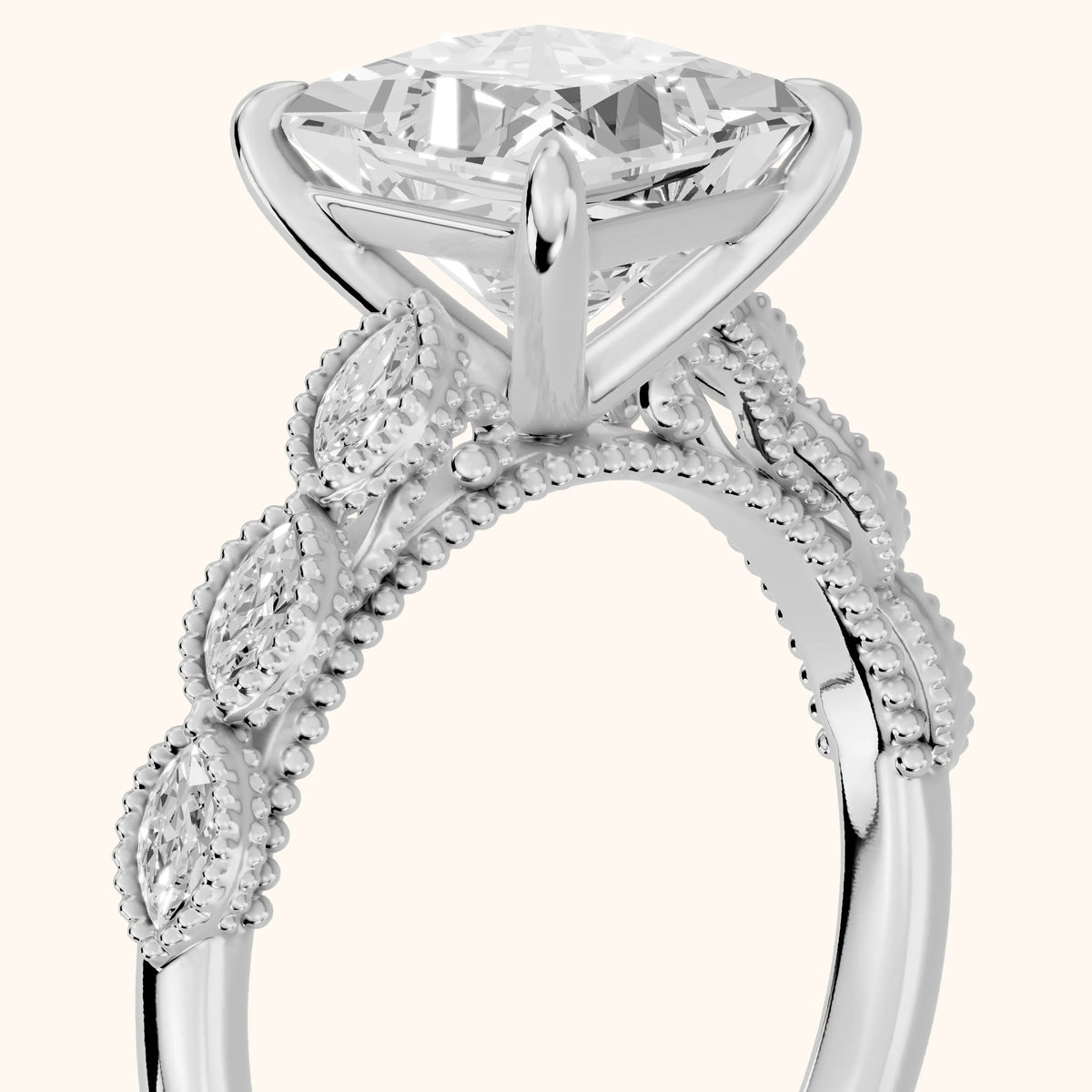 Freya Milgrain Leaf Princess Diamond Engagement Ring in Silver - slant-view.webp