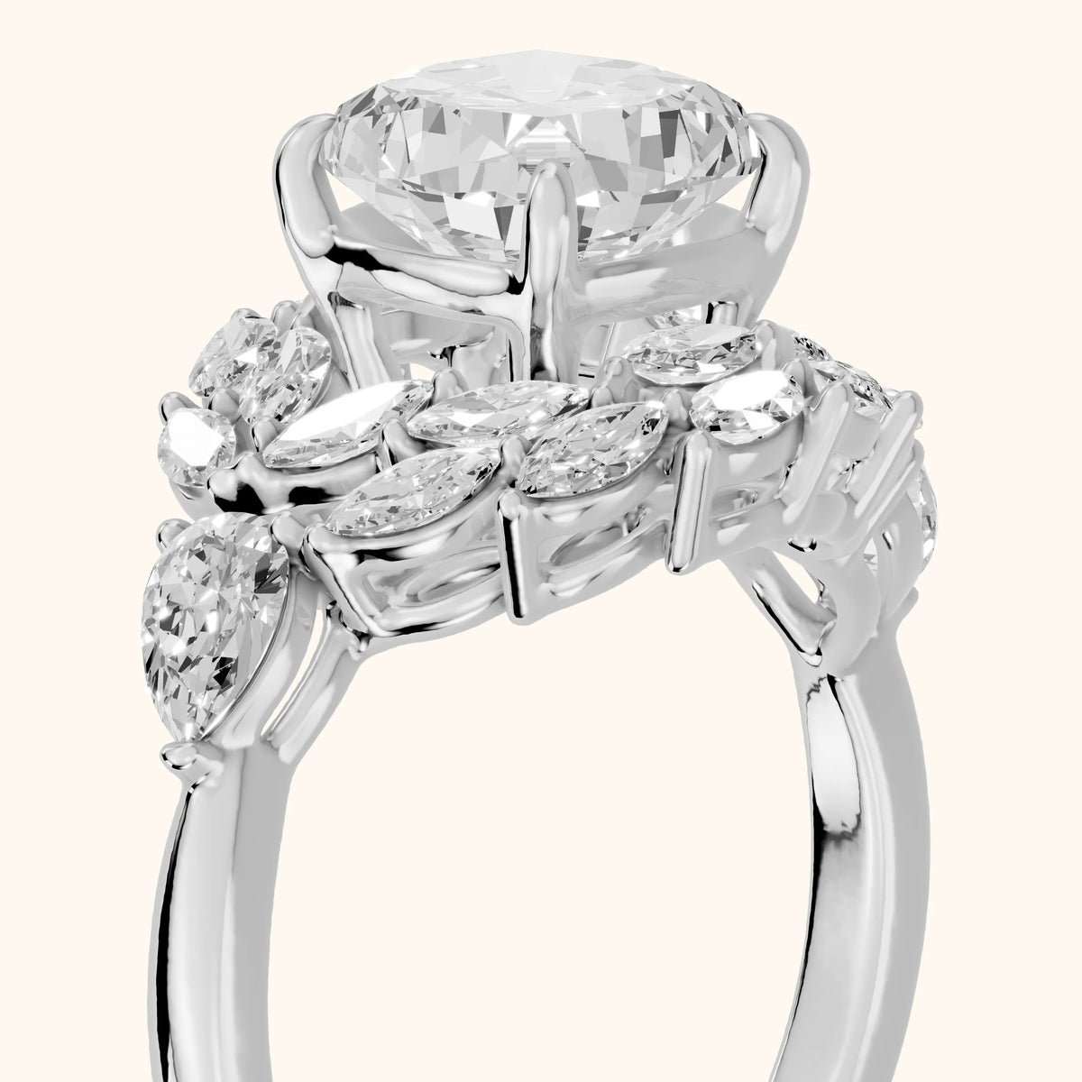 Liliana Leaf Cluster Cushion Diamond Engagement Ring in Silver - slant-view.webp