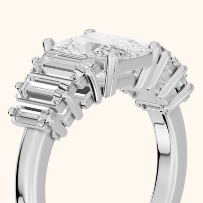 Mara Sidestone Baguette Accent Radiant Diamond Engagement Ring in Silver - slant-view.webp