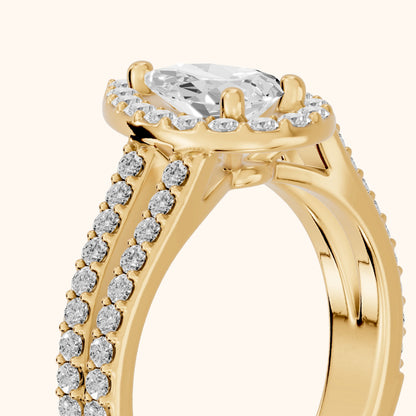 Tampa Halo Split Shank Pear Diamond Engagement Ring in Yellow Gold - slant-view.webp