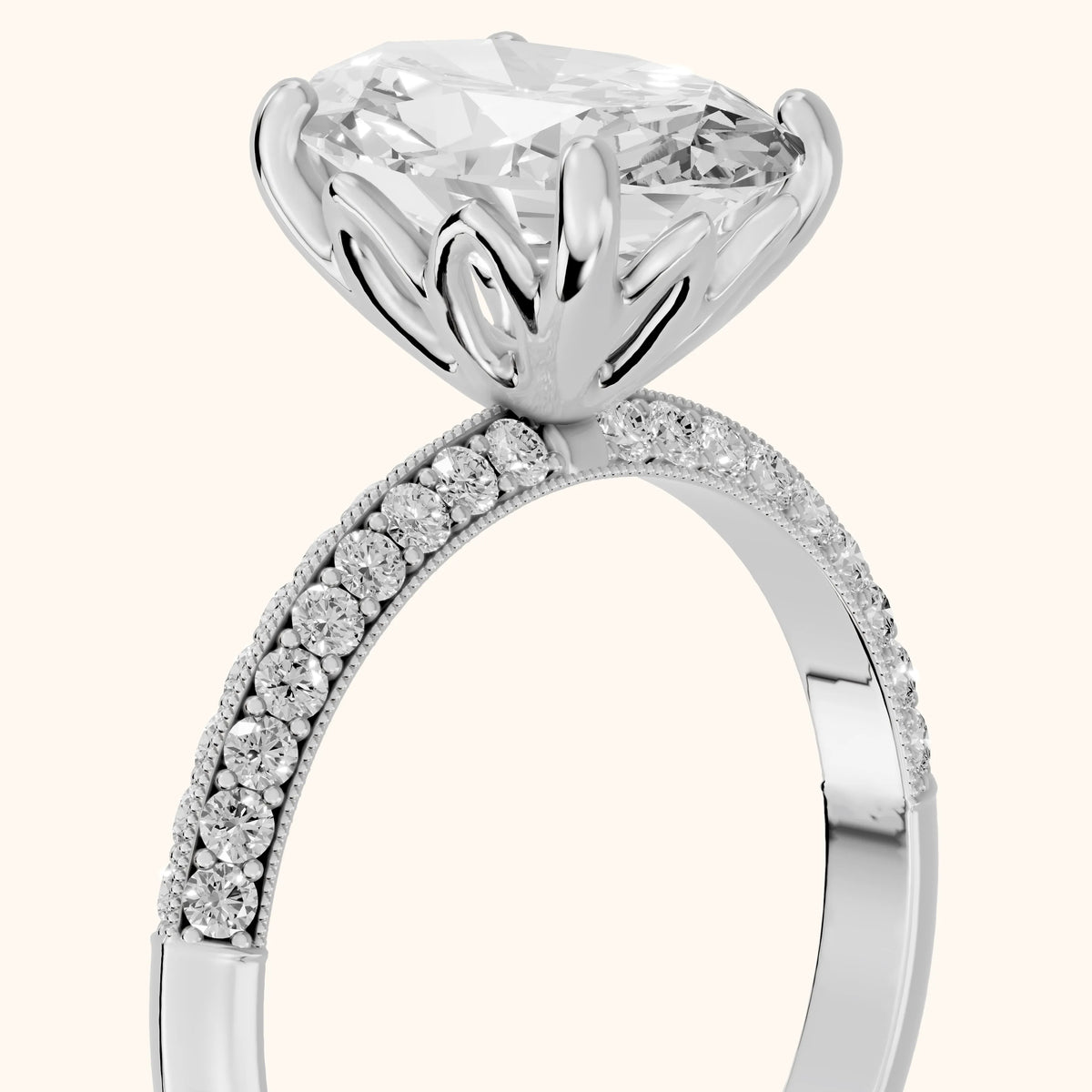 Jasmine Knife Edge Pavé Oval Diamond Engagement Ring in Silver - slant-view.webp
