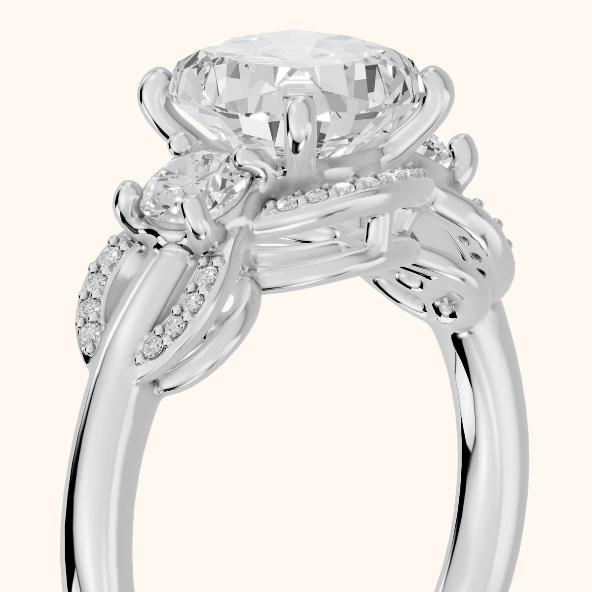 Briar Vine Three-Stone Cushion Diamond Engagement Ring in Silver - slant-view.webp