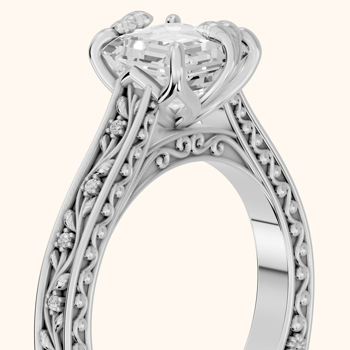 Laguna Vintage Vine Asscher Diamond Engagement Ring in Silver - slant-view.webp