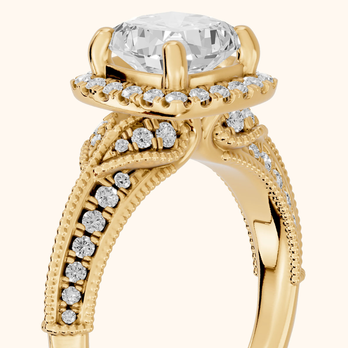 Logan Milgrain Halo Cushion Diamond Engagement Ring in Yellow Gold - slant-view.webp