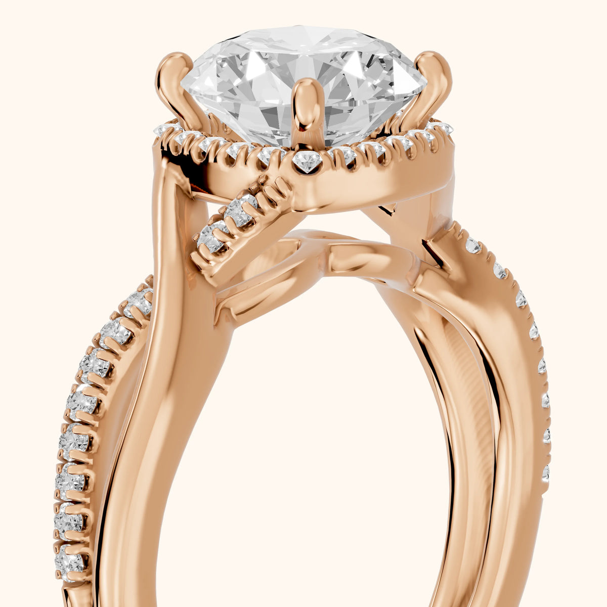 Pippa Twist Halo Round Diamond Engagement Ring in Rose Gold - slant-view.webp