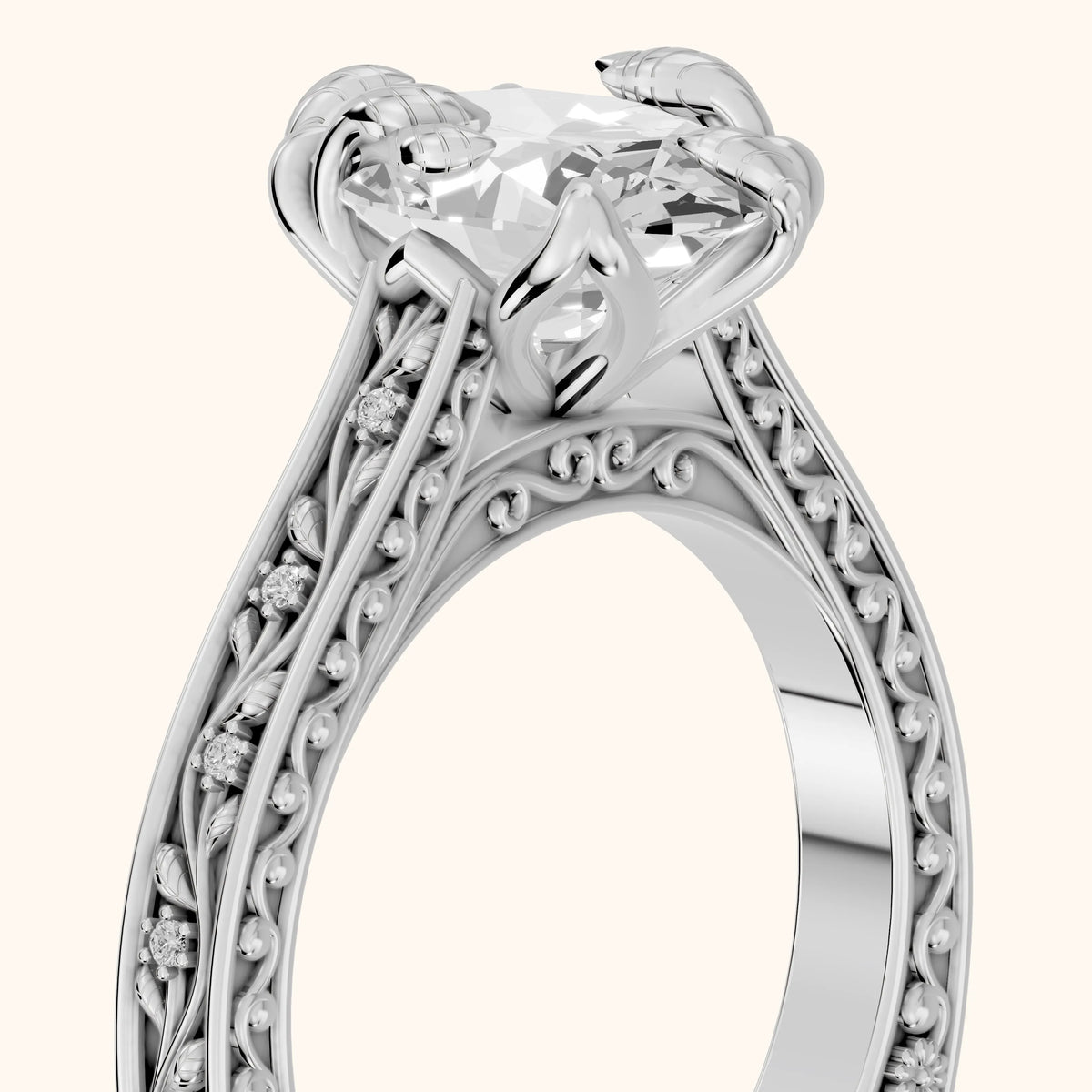 Laguna Vintage Vine Oval Diamond Engagement Ring in White Gold - slant-view.webp