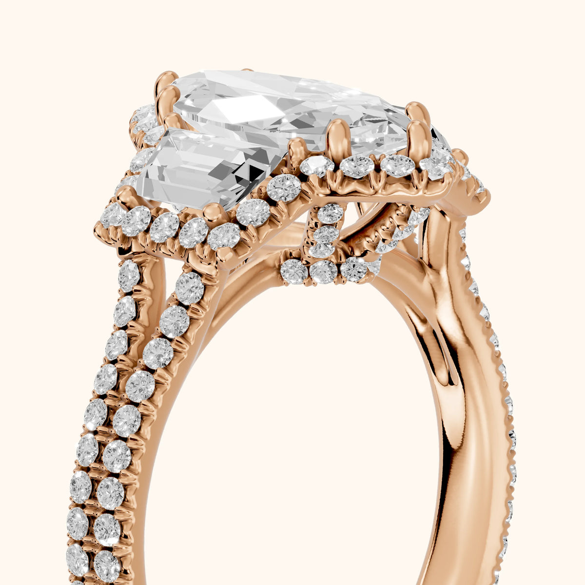 Oakley Three-Stone Split Shank Marquise Diamond Engagement Ring in Rose Gold - slant-view.webp