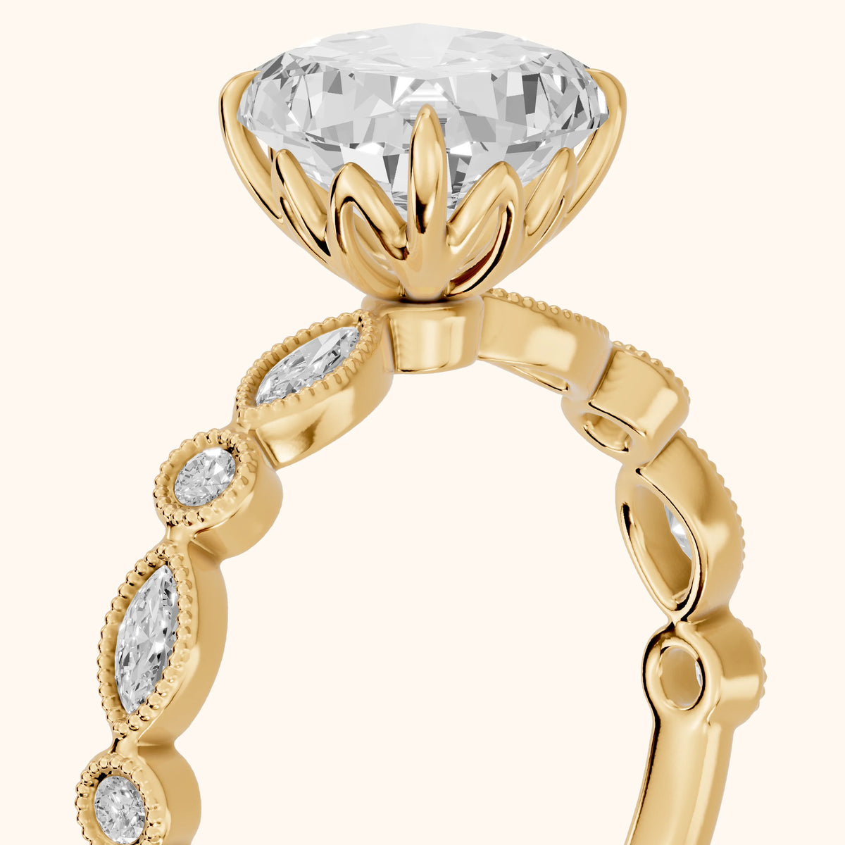 Lena Milgrain Leaf Cushion Diamond Engagement Ring in Yellow Gold - slant-view.webp