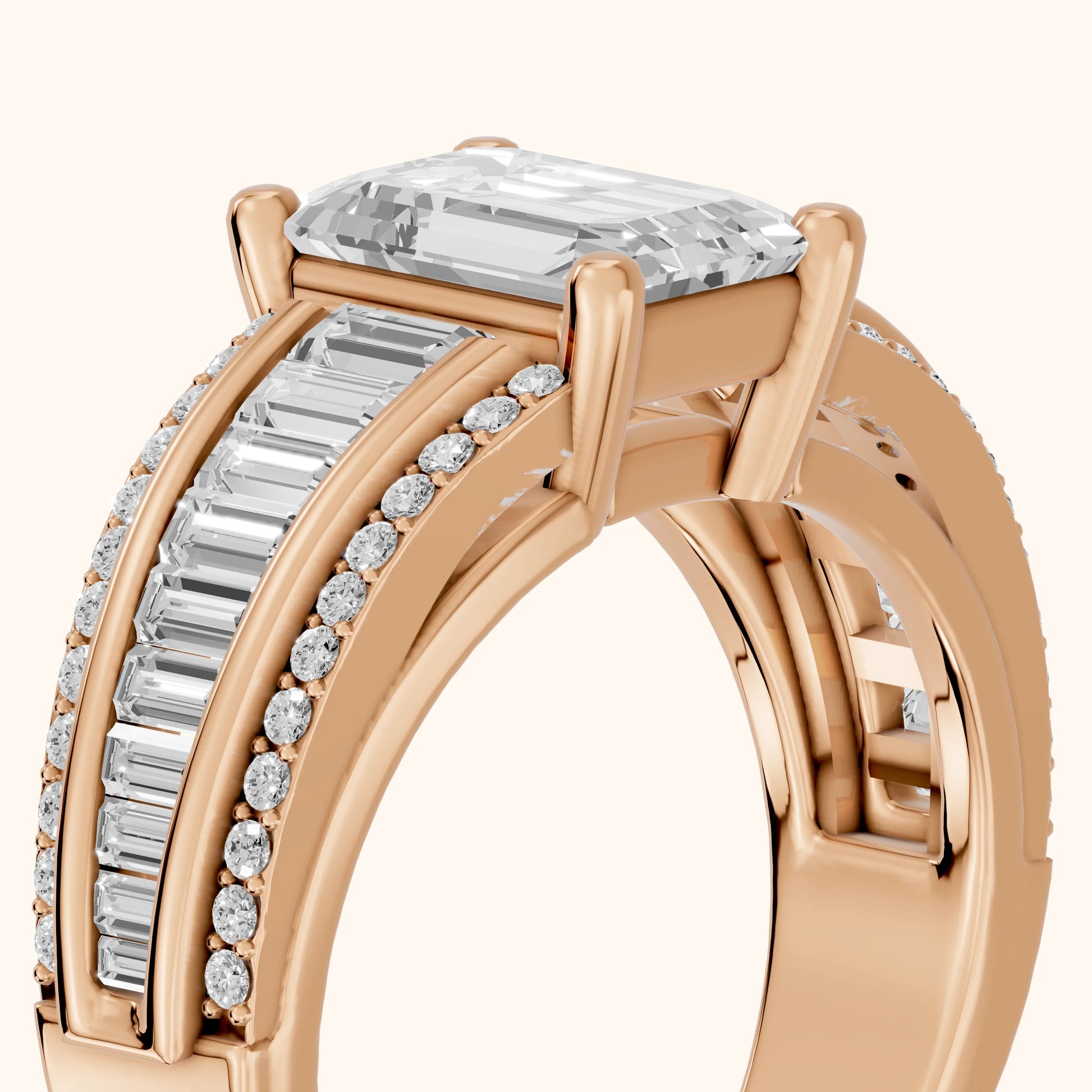 Halle Channel Set Baguette Accent Emerald Diamond Engagement Ring in Rose Gold - slant-view.webp
