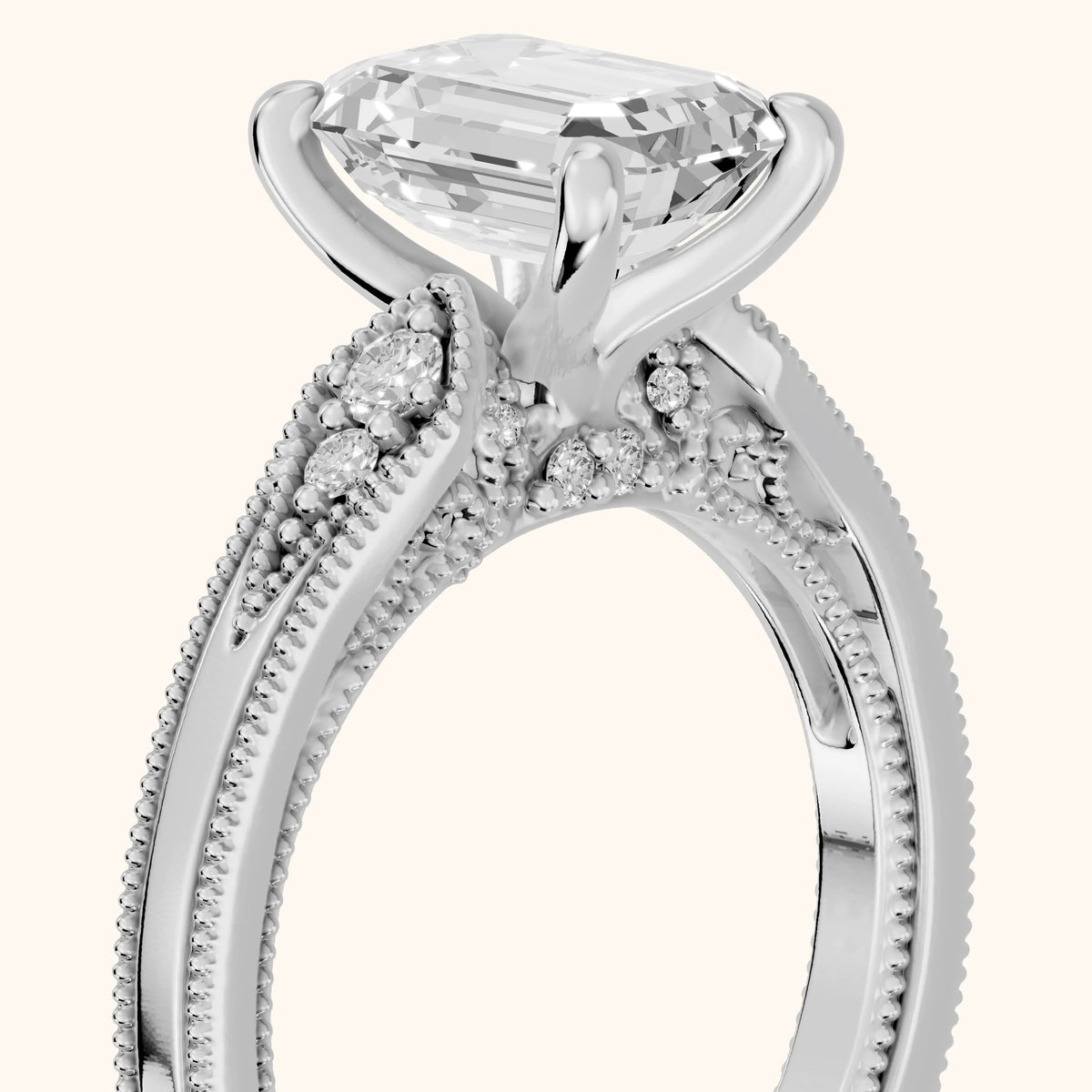Etta Vintage Milgrain Emerald Diamond Engagement Ring in Silver - slant-view.webp
