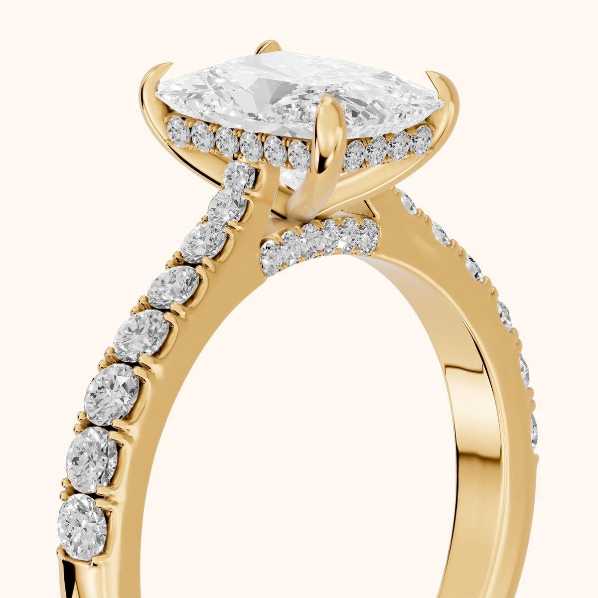 Gia Hidden Halo Pavé Radiant Diamond Engagement Ring in Yellow Gold - slant-view.webp