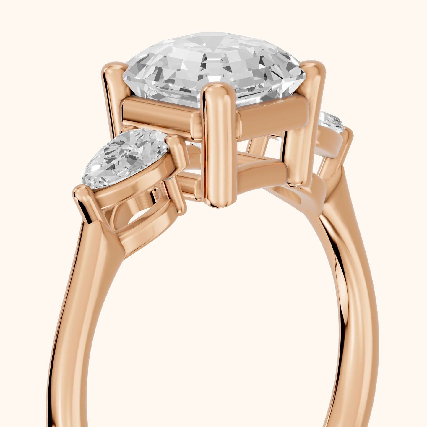 Faye Three-Stone Trellis Asscher Diamond Ring in Rose Gold - slant-view.webp