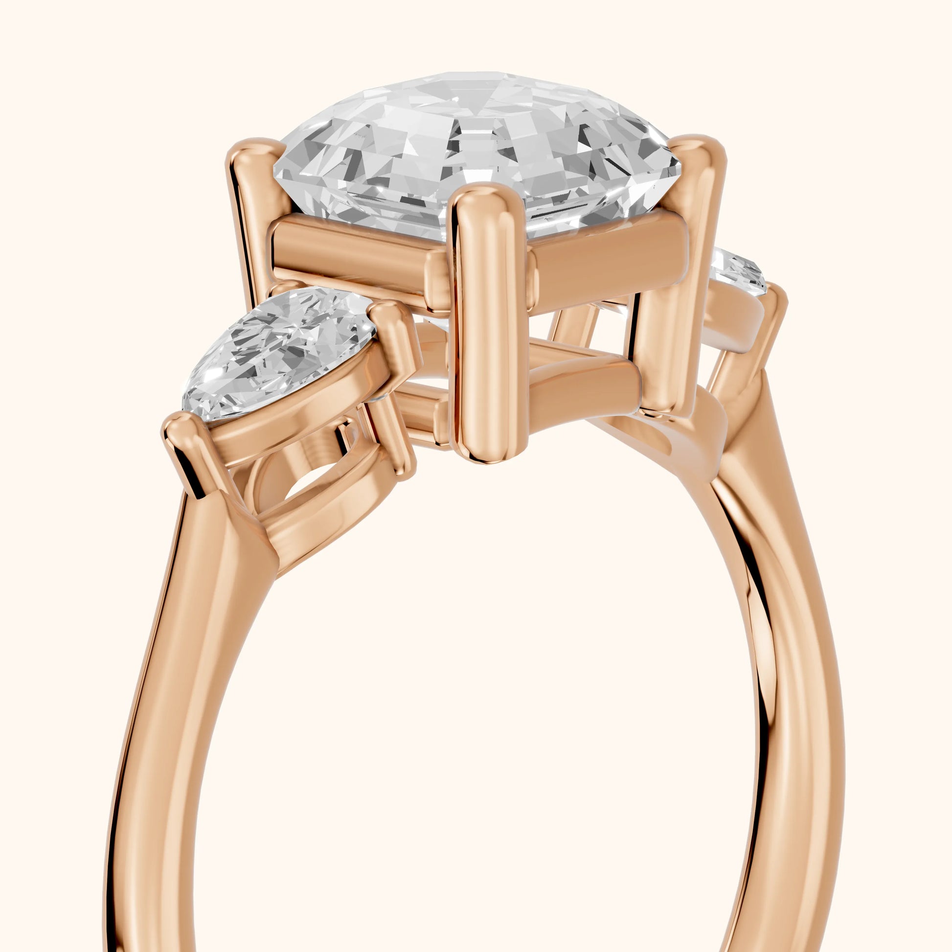 Faye Three-Stone Trellis Asscher Diamond Ring in Rose Gold - slant-view.webp