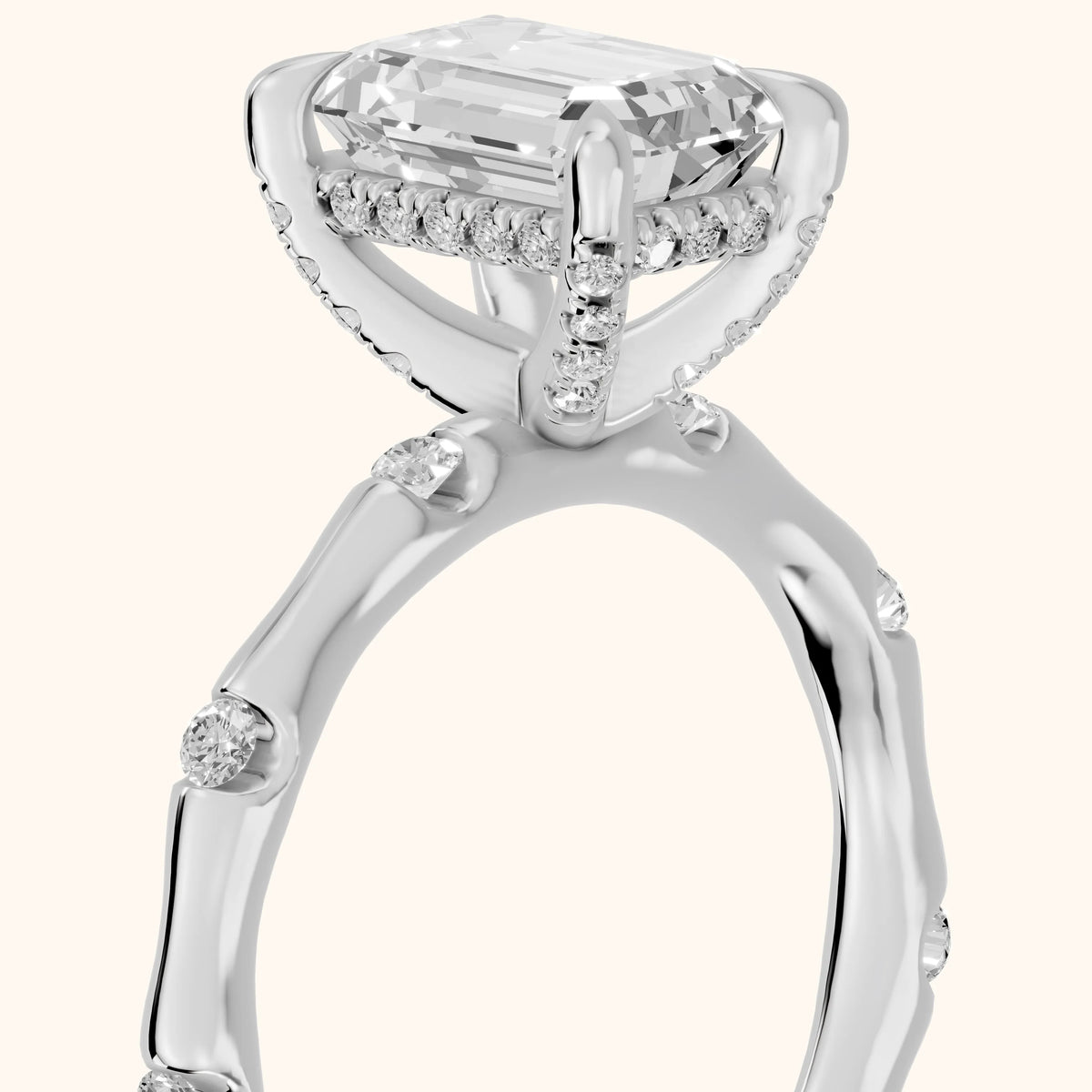 Liv Hidden Halo Emerald Diamond Engagement Ring in White Gold - slant-view.webp