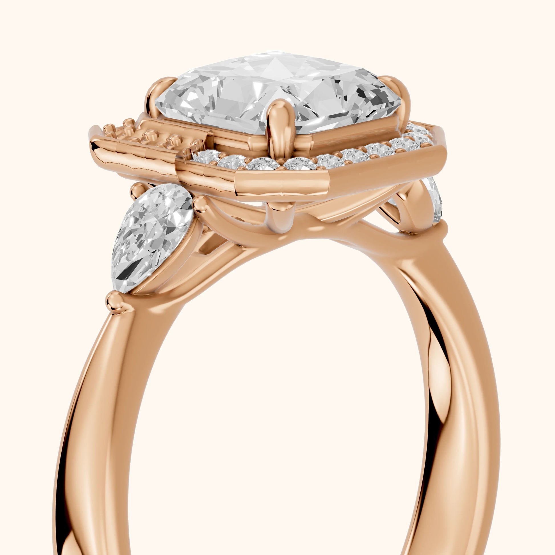 Eliza Halo Sidestone Radiant Diamond Engagement Ring in Rose Gold - slant-view.webp