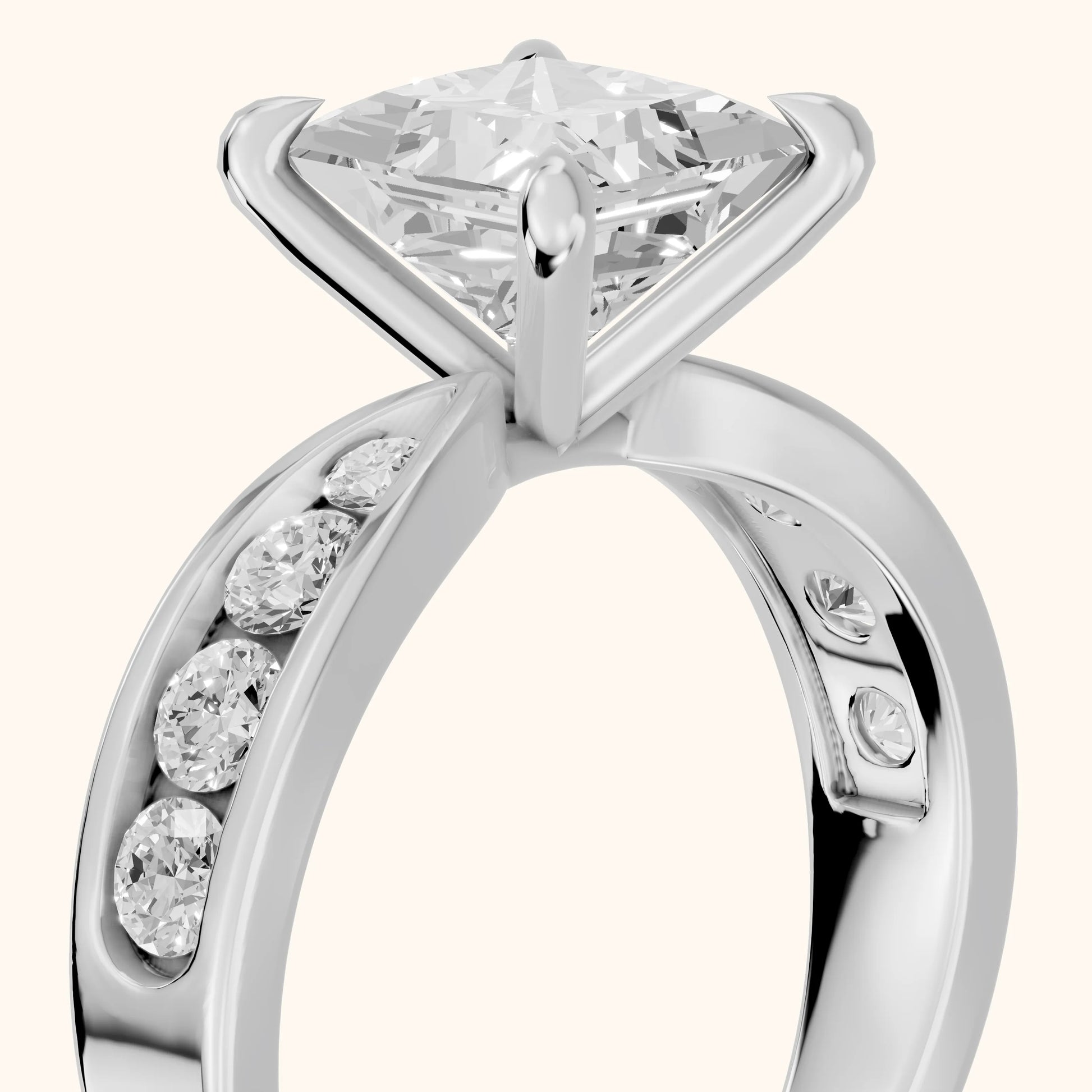 Noor Channel Set Sidestone Princess Diamond Engagement Ring in White Gold - slant-view.webp