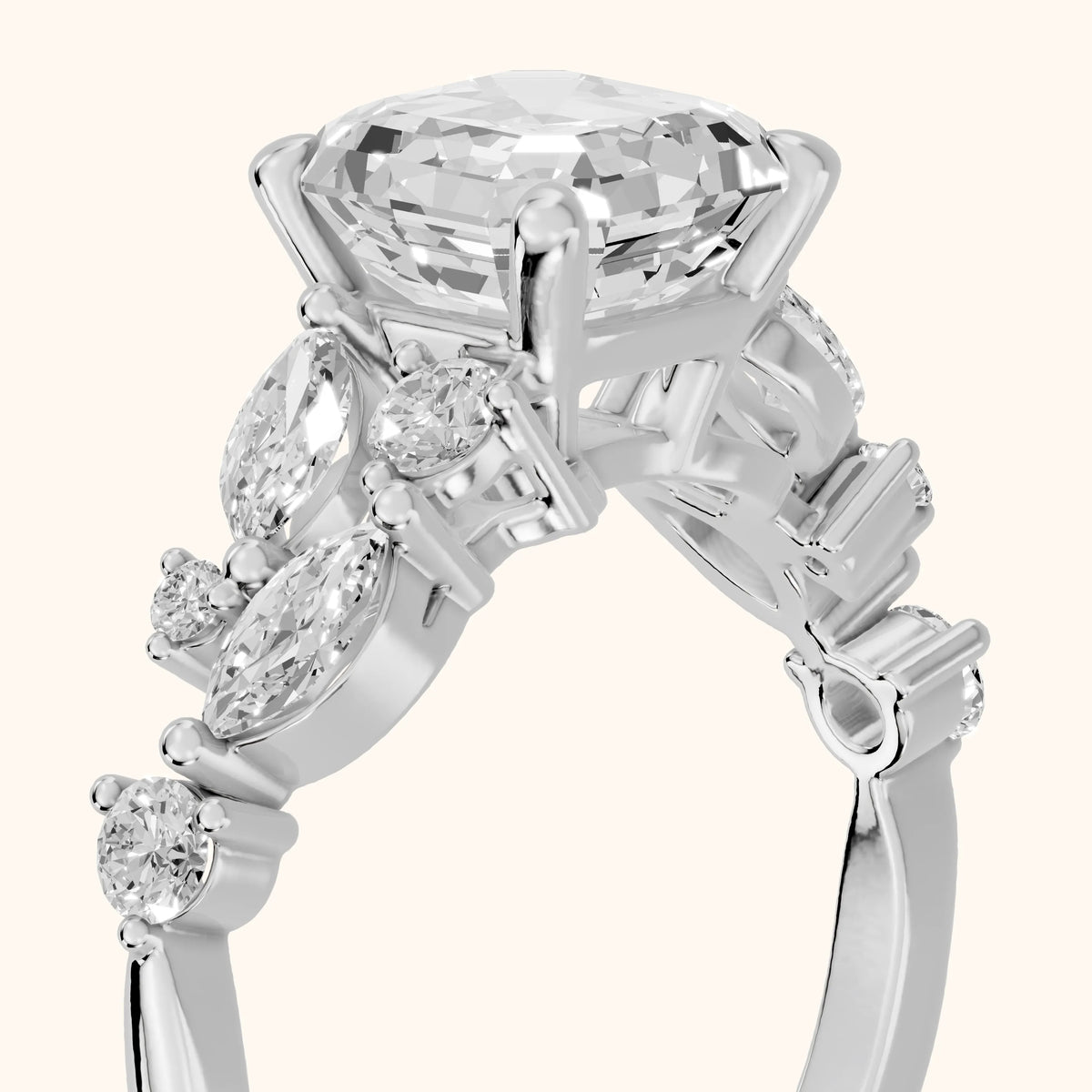 Kelsey Leaf Cluster Asscher Diamond Engagement Ring in Platinum - slant-view.webp