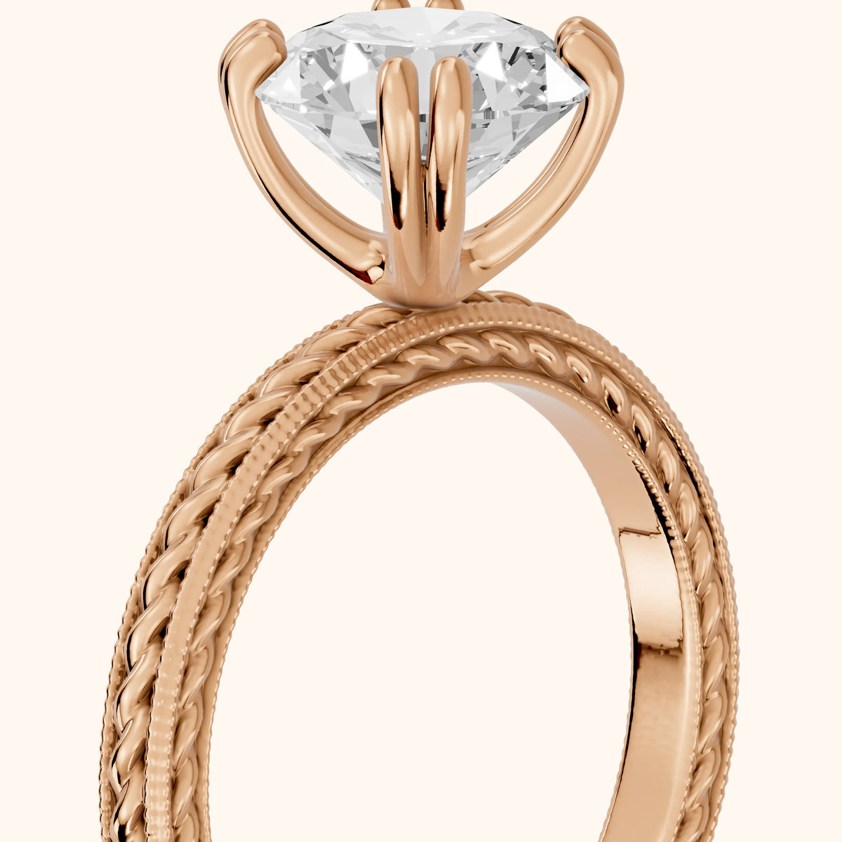 Lacey Rope Solitaire Round Diamond Engagement Ring in Rose Gold - slant-view.webp