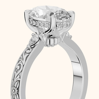 Siesta Three-Stone Engraved Oval Diamond Engagement Ring in Silver - slant-view.webp