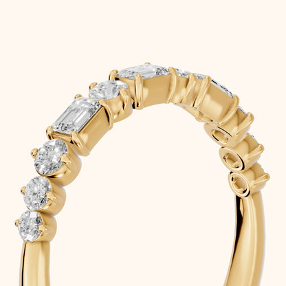 Charu Four Prong Emerald & Round Diamond Half Eternity Band in Yellow Gold - slant-view