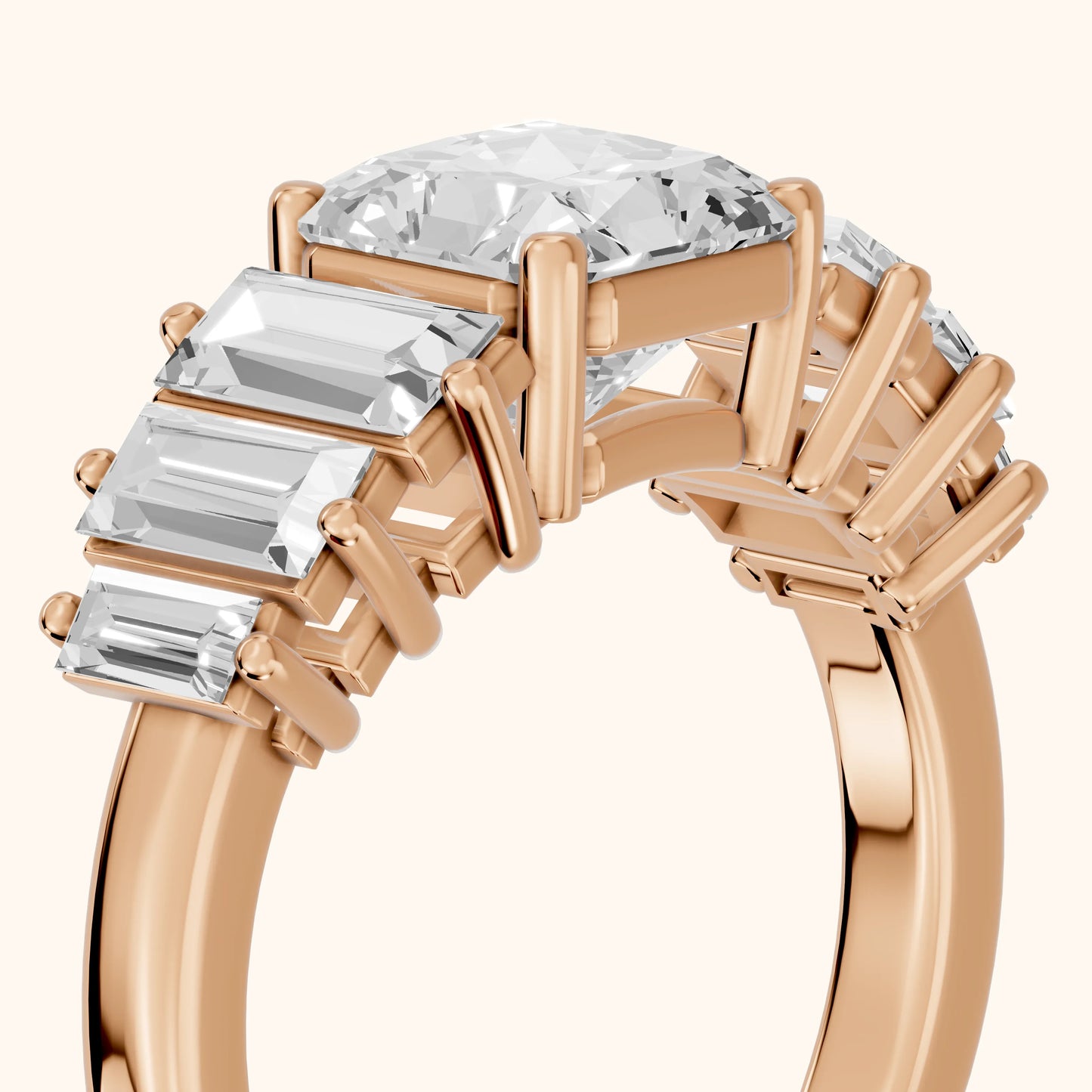 Mara Sidestone Baguette Accent Radiant Diamond Engagement Ring in Rose Gold - slant-view.webp