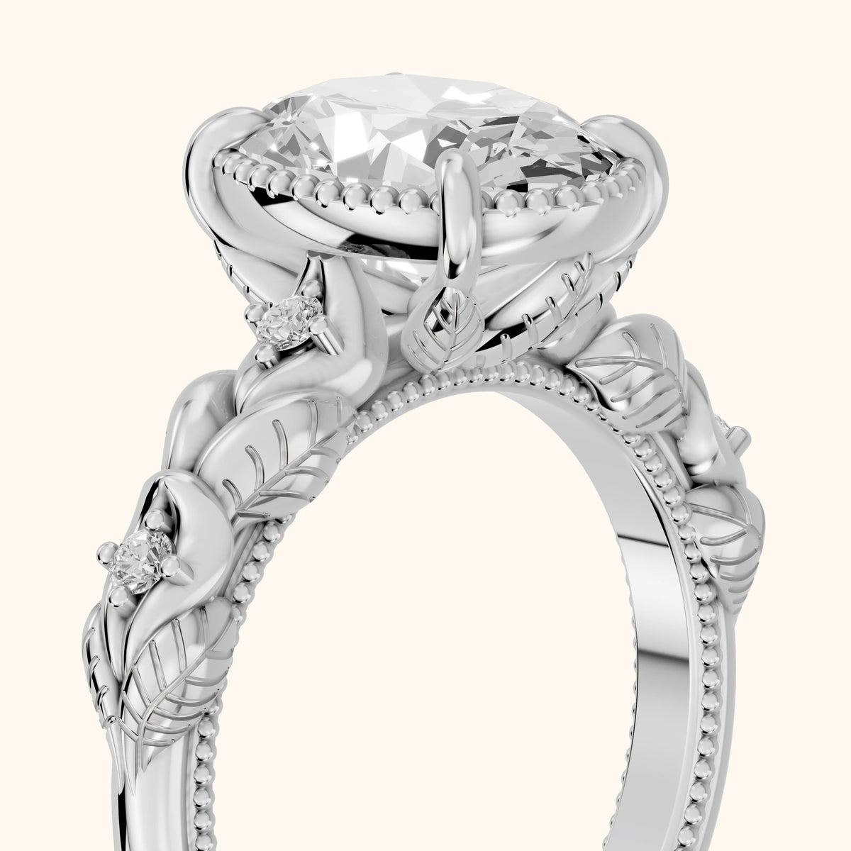 Pelham Vintage Leaf Oval Diamond Engagement Ring in White Gold - slant-view.webp