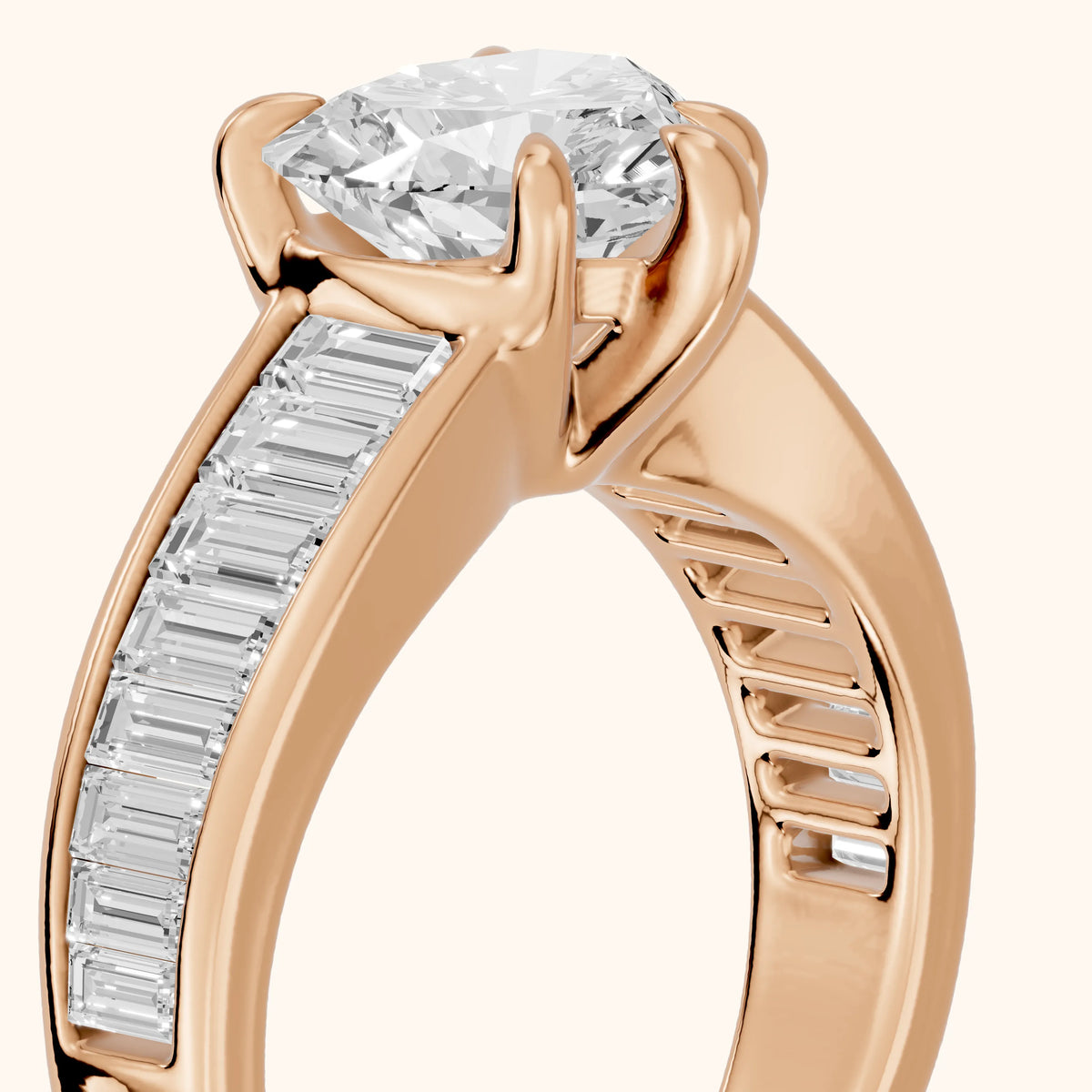 Hilo Baguette Channel Set Heart Diamond Engagement Ring in Rose Gold - slant-view.webp