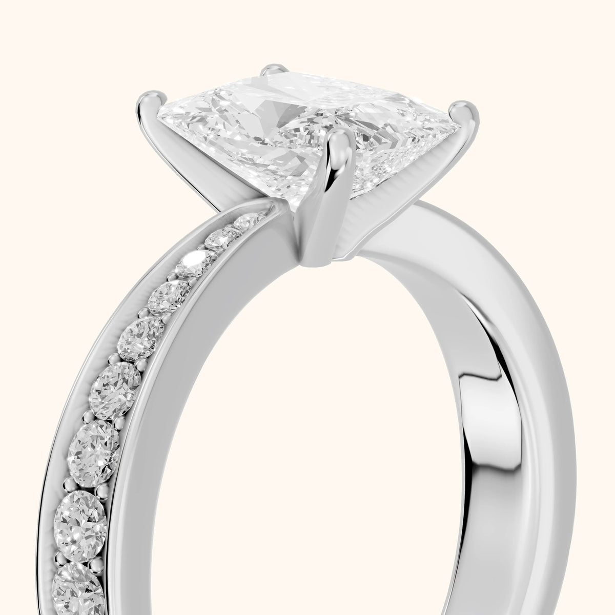 Rhea Sidestone Pavé Radiant Diamond Engagement Ring in Platinum - slant-view.webp