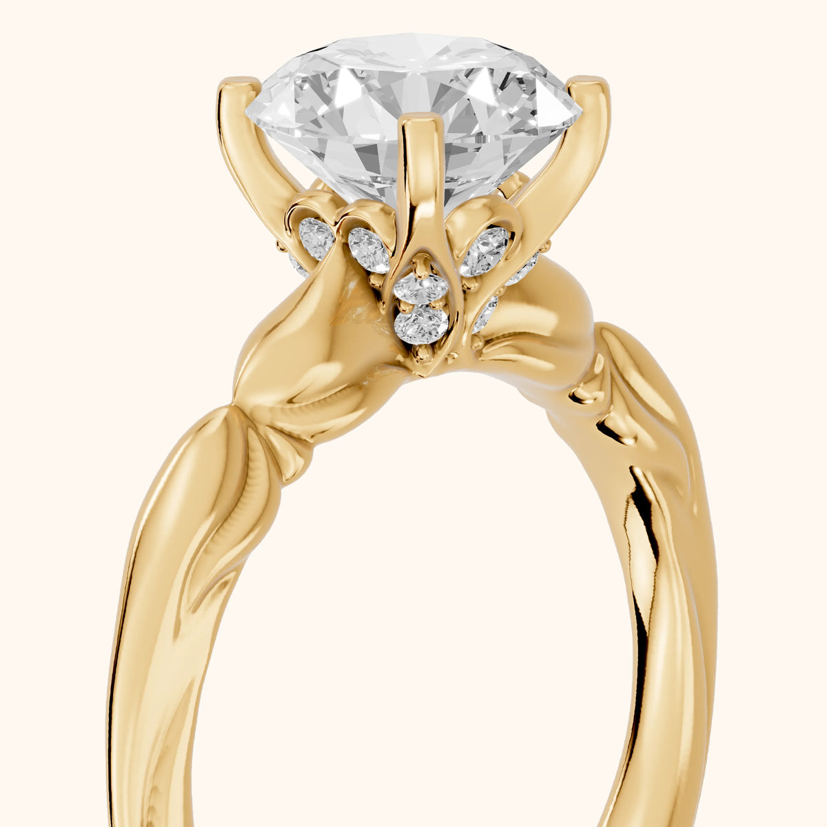 Verena Engraved Leaf Round Diamond Engagement Ring in Yellow Gold - slant-view.webp