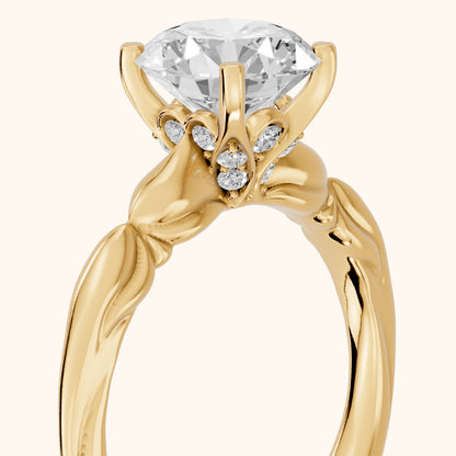 Verena Engraved Leaf Round Diamond Engagement Ring in Yellow Gold - slant-view.webp