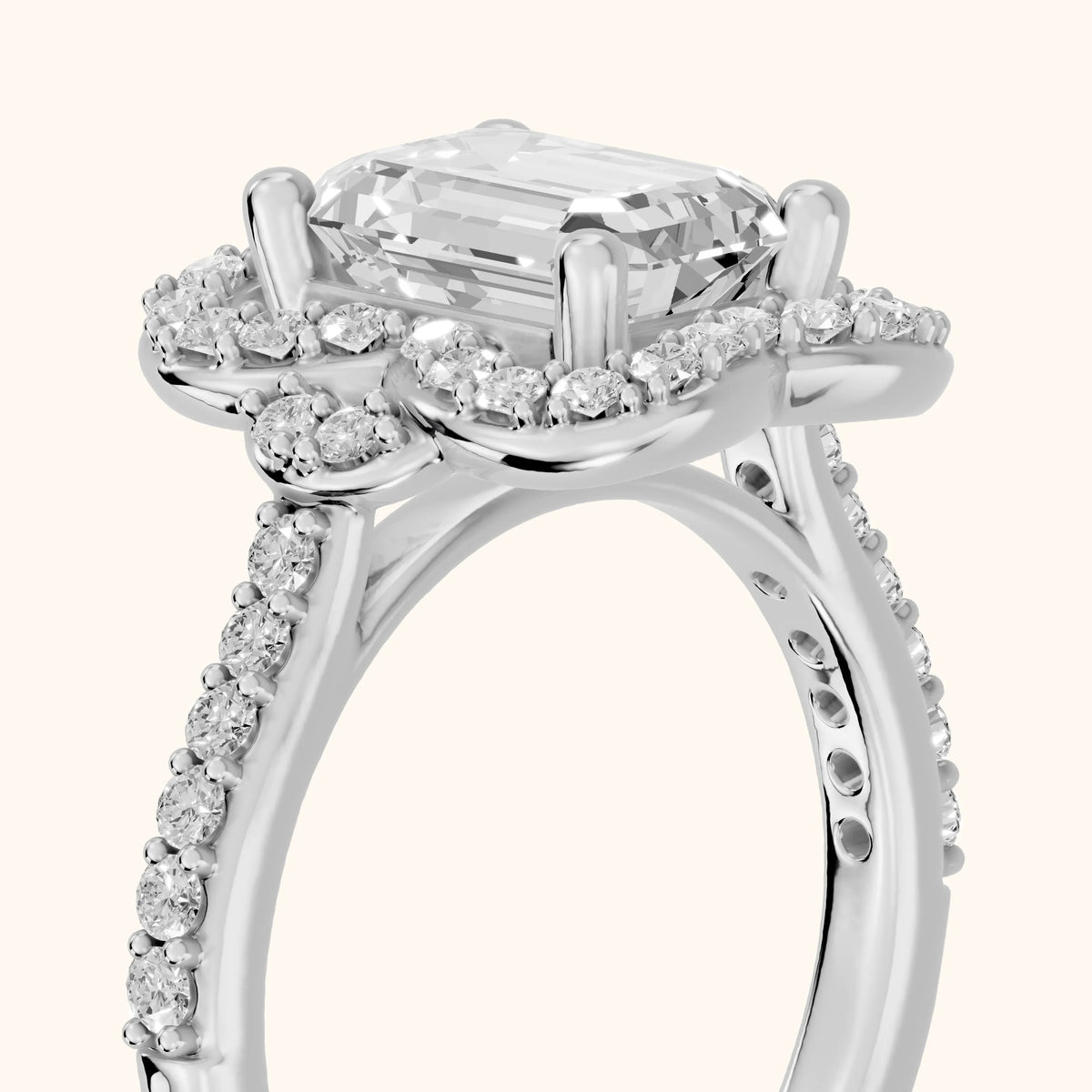 Amy Floral Halo Emerald Diamond Engagement Ring in Silver - slant-view.webp