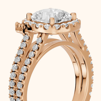 Kira Halo Split Shank Cushion Diamond Engagement Ring in Rose Gold - slant-view.webp