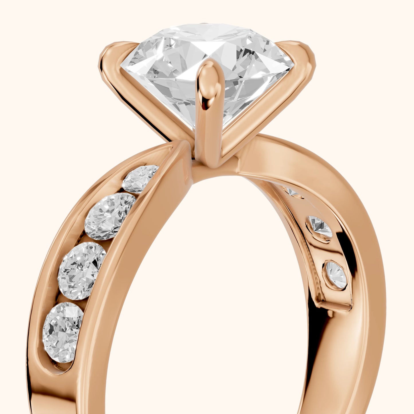 Noor Channel Set Sidestone Round Diamond Engagement Ring in Rose Gold - slant-view.webp