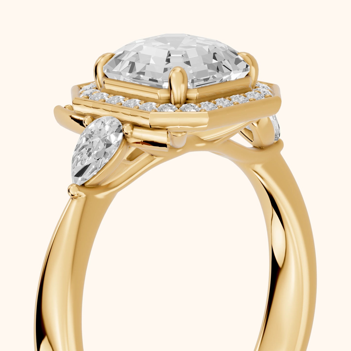 Eliza Halo Sidestone Asscher Diamond Engagement Ring in Yellow Gold - slant-view.webp