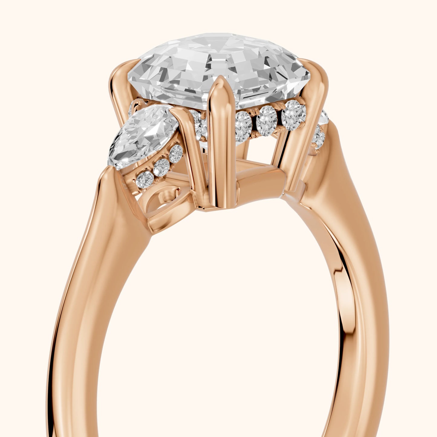 Leila Three-Stone Asscher Diamond Engagement Ring in Rose Gold - slant-view.webp