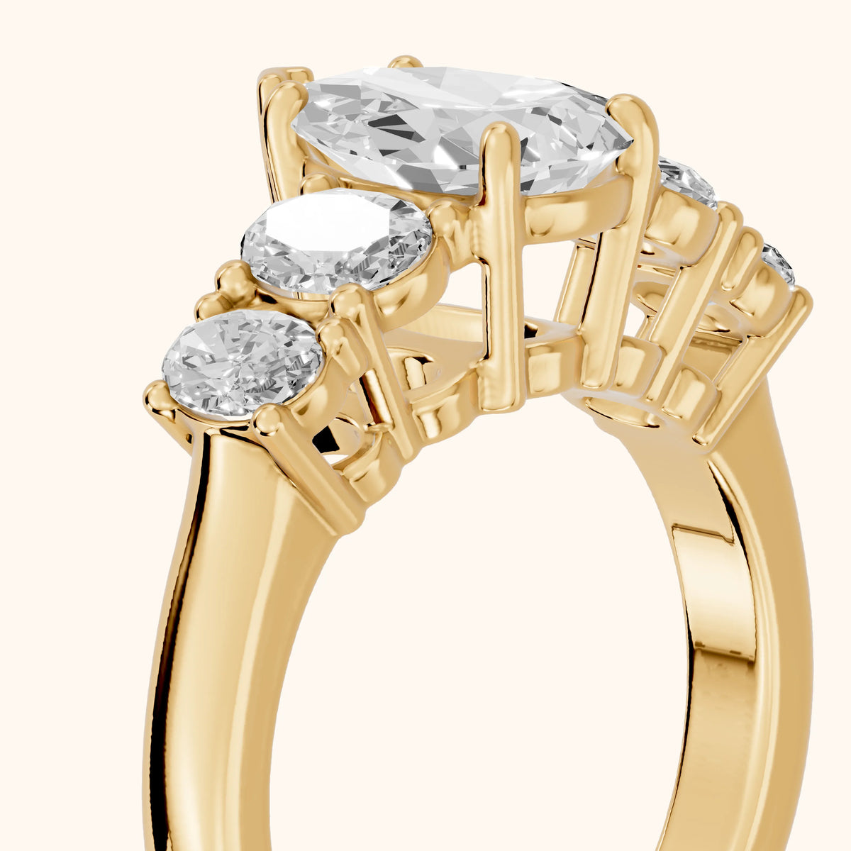 Judith Statement Five-Stone Pear Diamond Engagement Ring in Yellow Gold - slant-view.webp