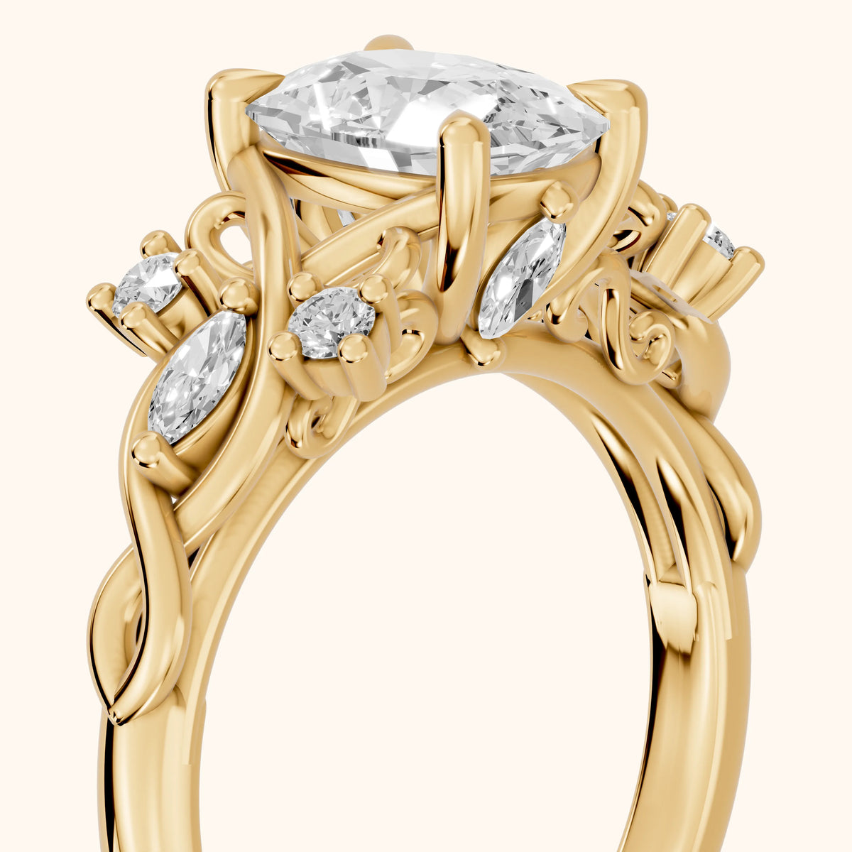 Auburn Vine Cluster Cushion Diamond Engagement Ring in Yellow Gold - slant-view.webp