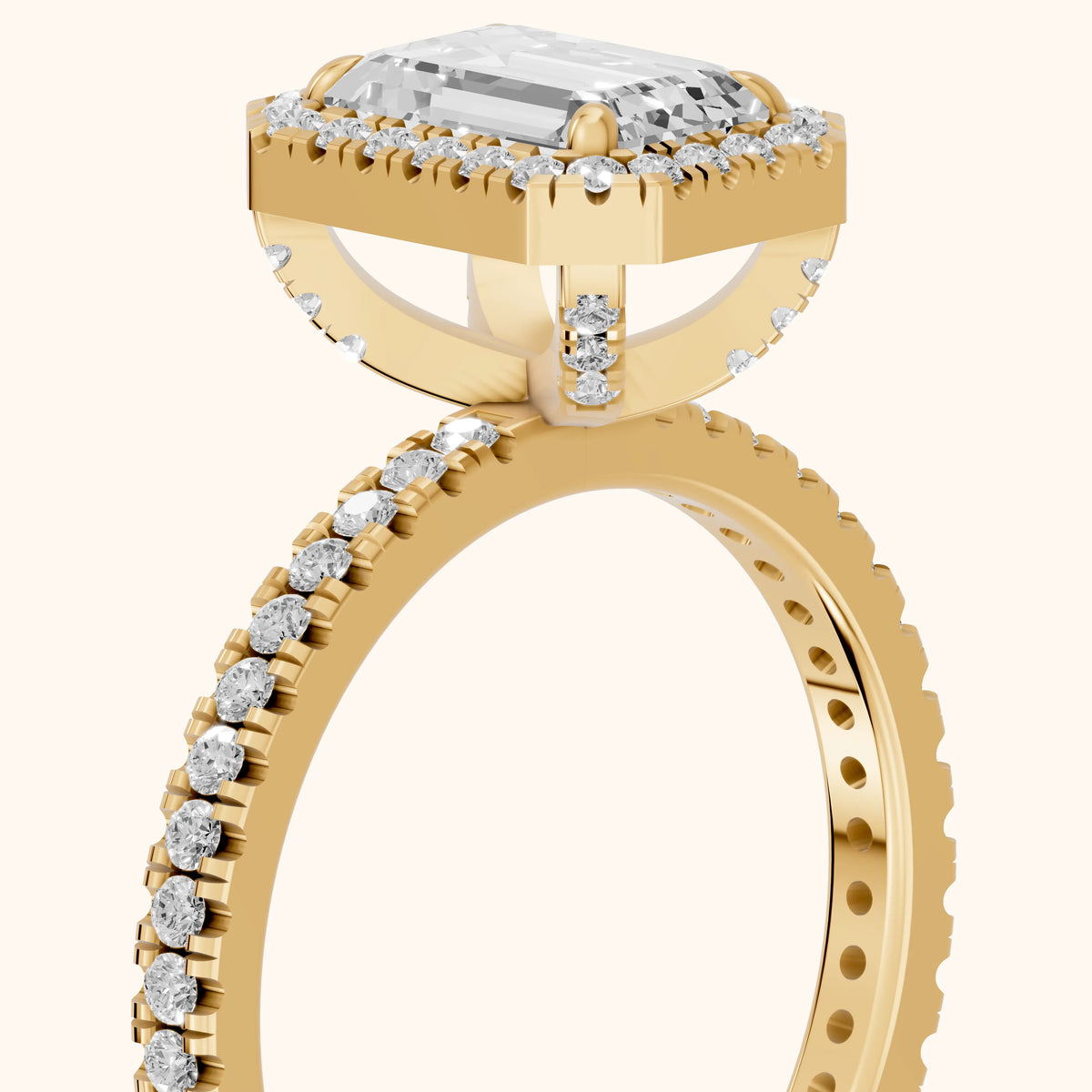 Rosemary Halo Pavé Emerald Diamond Engagement Ring in Yellow Gold - slant-view.webp
