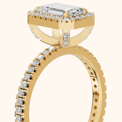 Rosemary Halo Pavé Emerald Diamond Engagement Ring in Yellow Gold - slant-view.webp