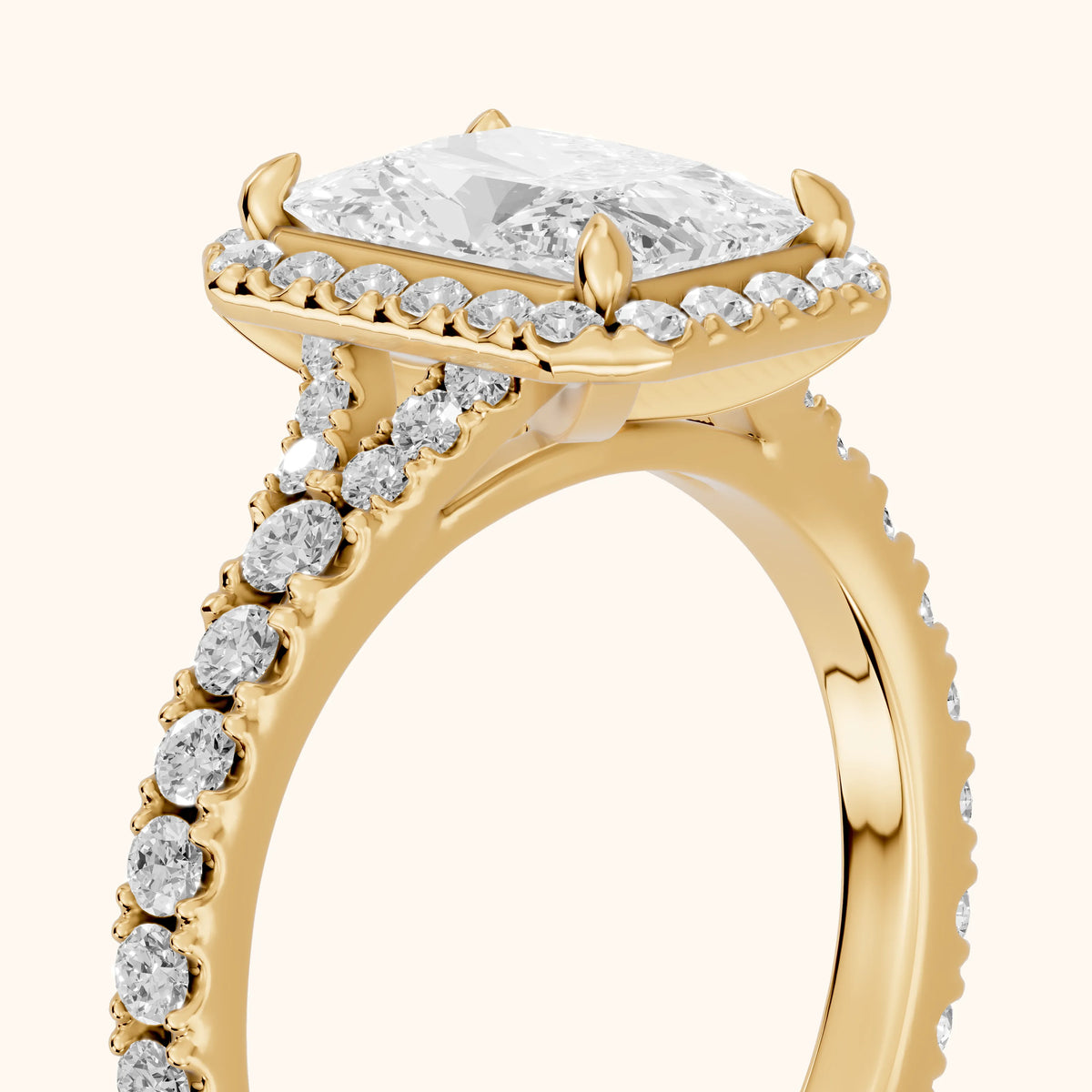 Bella Halo Pavé Radiant Diamond Engagement Ring in Yellow Gold - slant-view.webp