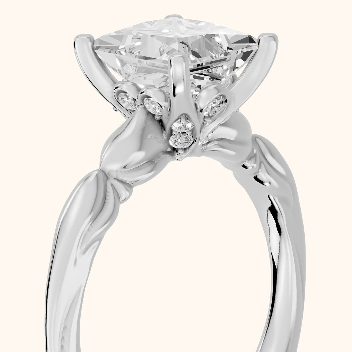 Verena Engraved Leaf Princess Diamond Engagement Ring in Silver - slant-view.webp
