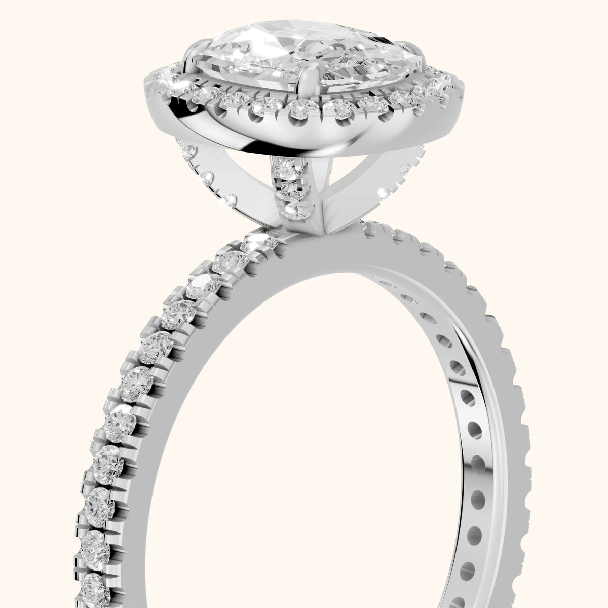 Rosemary Halo Pavé Cushion Diamond Engagement Ring in White Gold - slant-view.webp