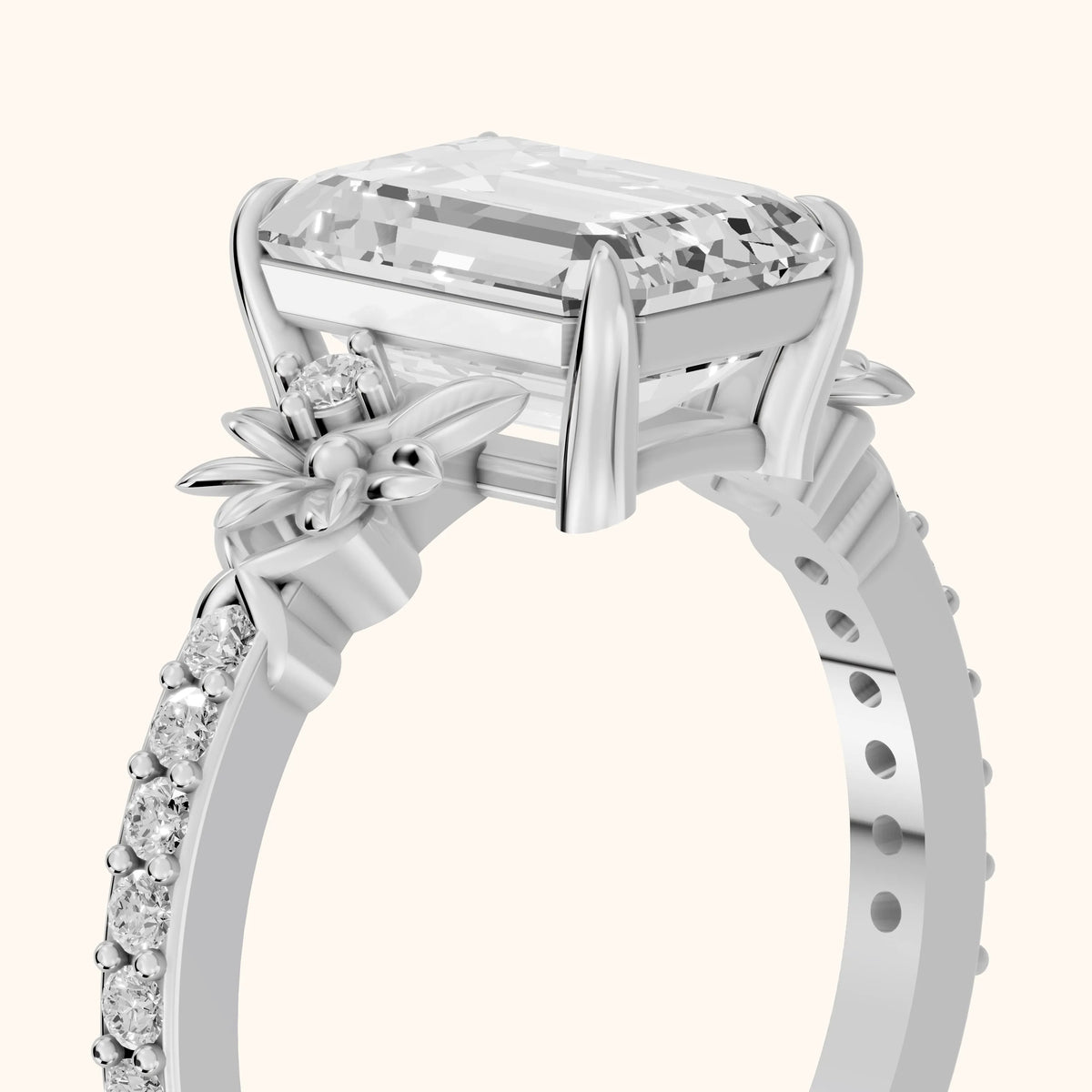 Leland Floral Pavé Emerald Diamond Engagement Ring in White Gold - slant-view.webp