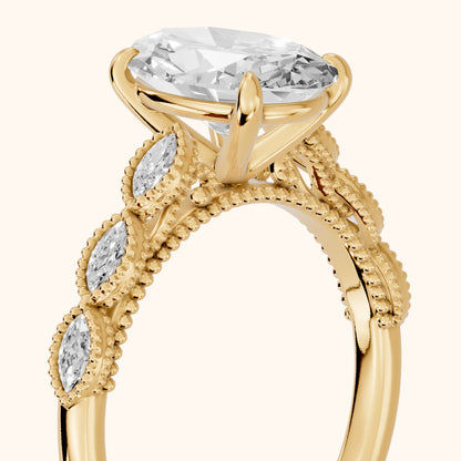 Freya Milgrain Leaf Oval Diamond Engagement Ring in Yellow Gold - slant-view.webp